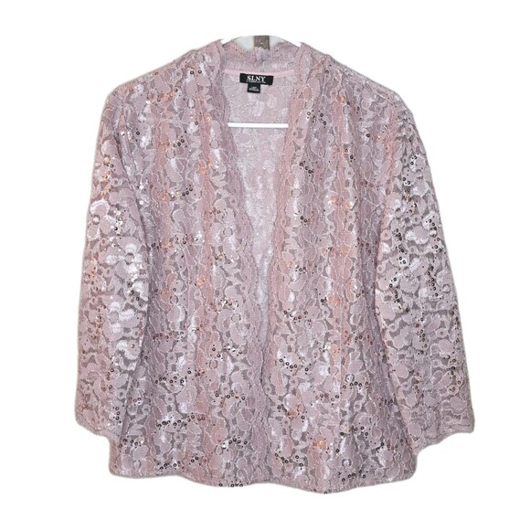 Petite Jackets & Blazers - SLNY Fashion Pink Lace Blazer Open Front Evening With Sequins Size Petite 14P